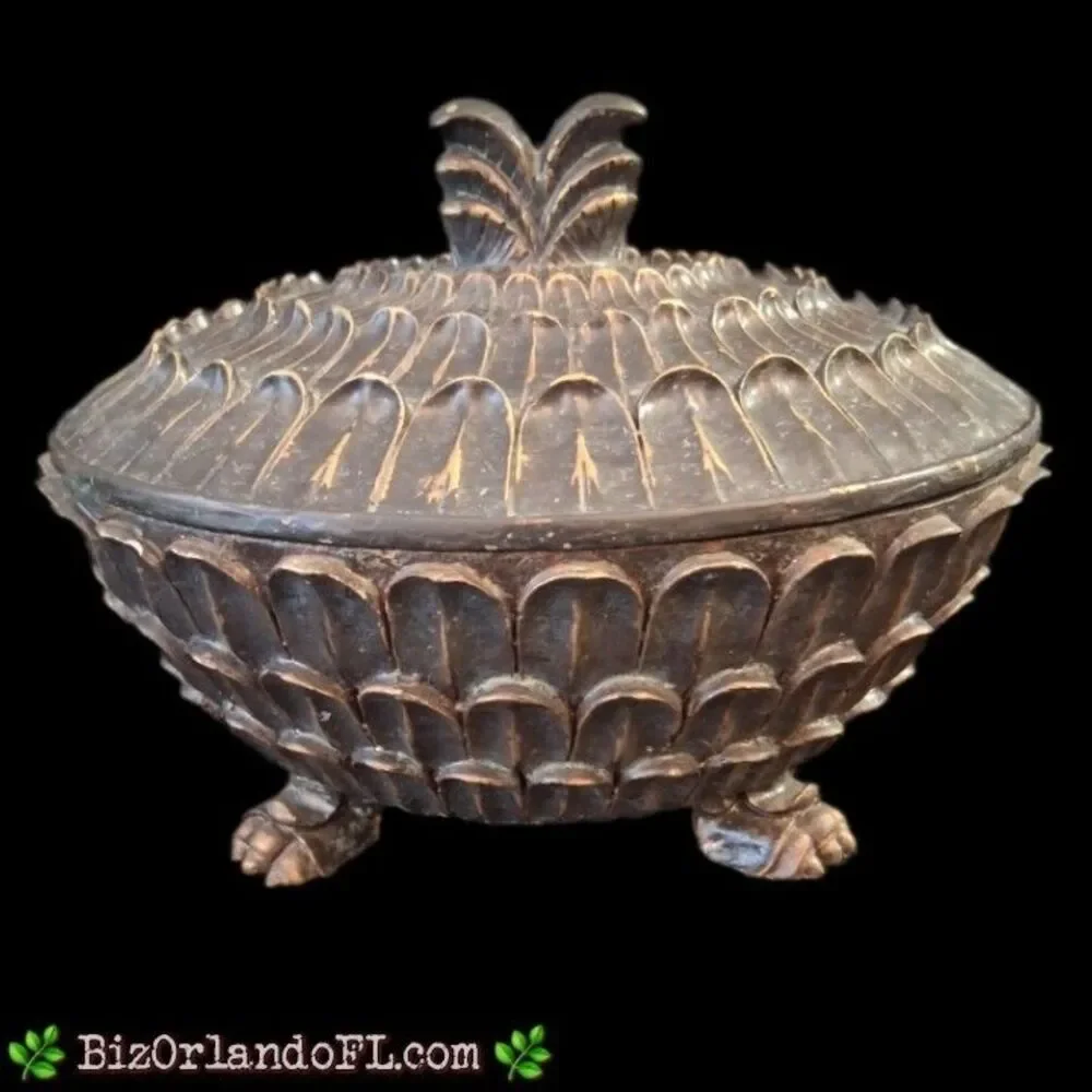 VINTAGE: Rare Pineapple Three-Footed Bowl with Lid / Lined with Red Velvet *HTF*